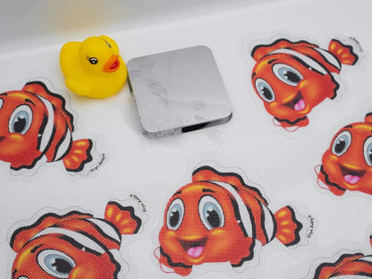 Non Slip Bath Mat Stickers - Modern fun Stylish Alternative to Rubber Suction Mat - Strong Adhesive Textured Stick on Anti Skid safety Treads for Baby Toddler Child - SLIPS AWAY® (5x Clara Clownfish)