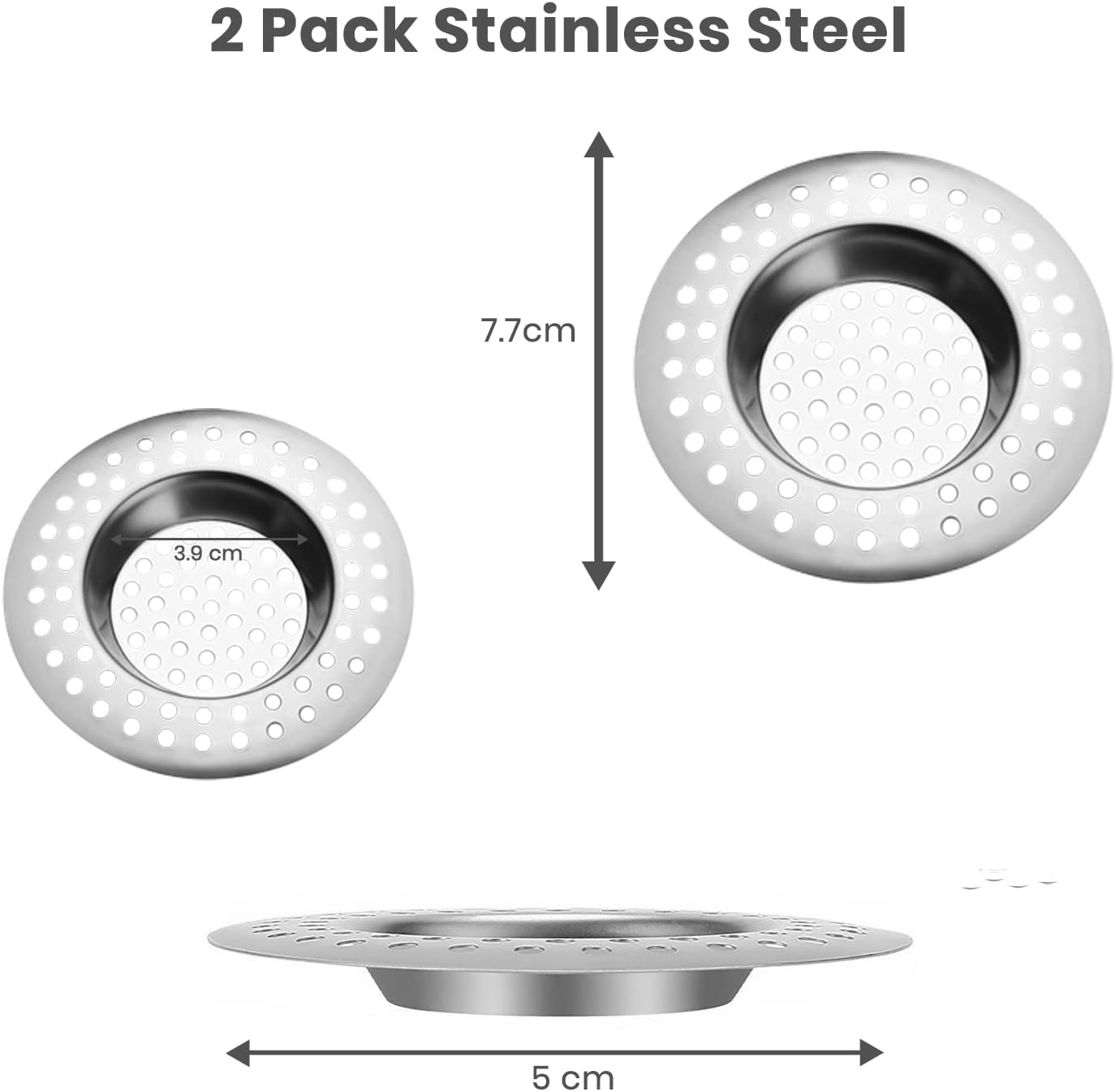 2pk Bath Plug Hair Catcher – Plug Hole Hair Catcher, Shower Plug Hair Trap | Stainless Steel Flat Sink Strainer for Bath and Kitchen – 7.7cm | 90 Hole