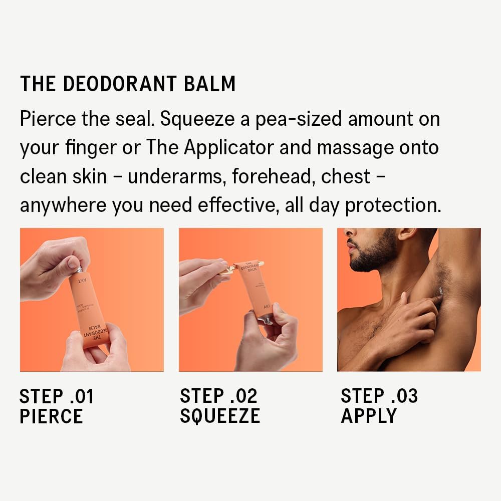 AKT, THE DEODORANT BALM. Award winning, multi-use, natural deodorant. Plastic Free. Gender Free. Aluminium Free. 100% effective — 1 tube lasts up to 3 months. SC.01 ORANGE GROVE. 50ml