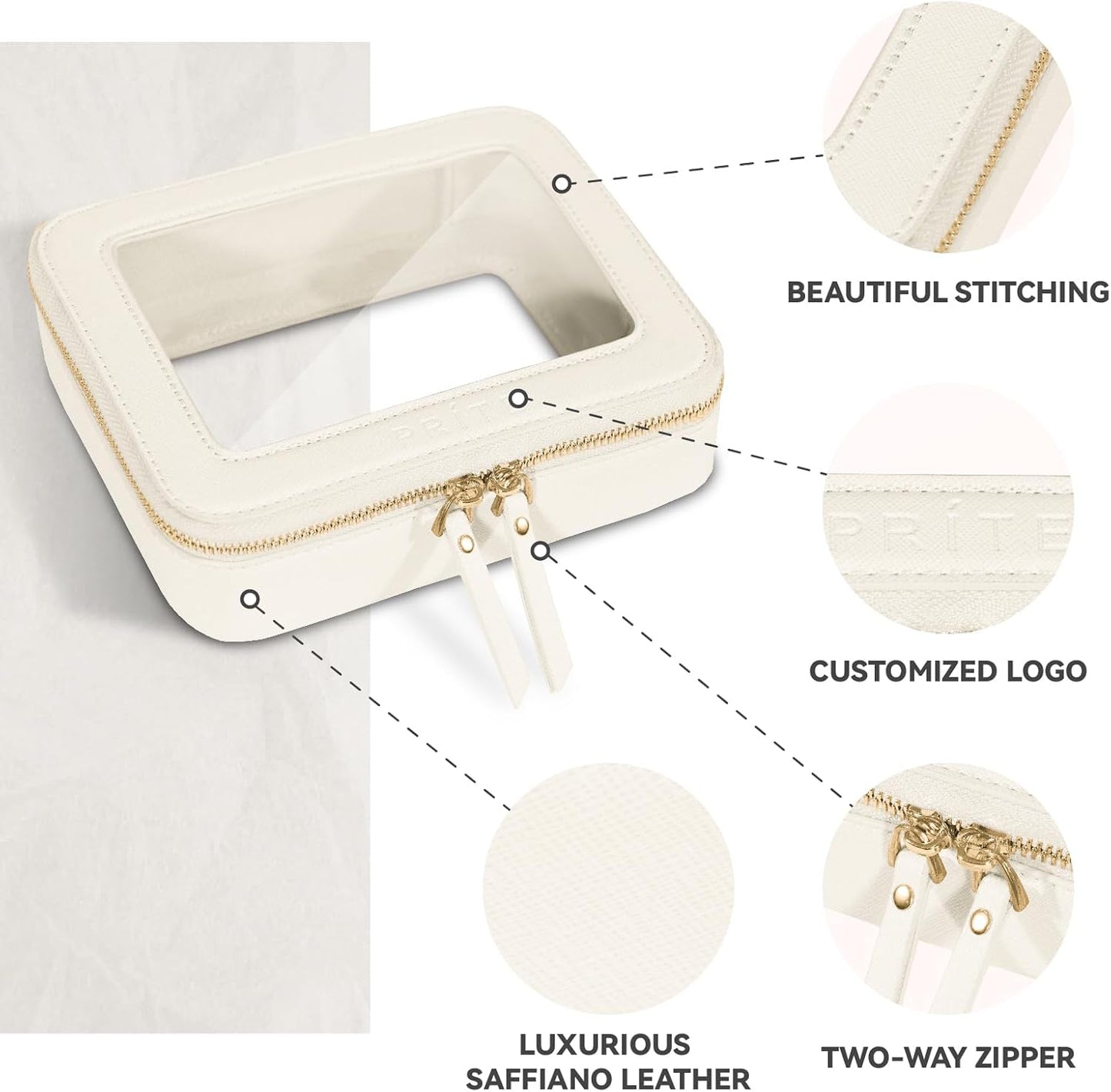 Prite Clear Makeup Bag Cosmetic Case Travel Toiletry Bag, Beige, Standard | Three Sizes, Water-resistant, Tsa Approved, See Through, Car Essentials, Vegan Leather, Transparent PVC, Gift Box Packaging