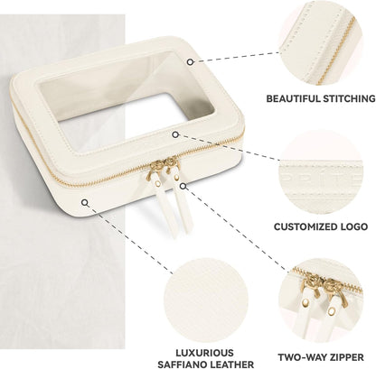 Prite Clear Makeup Bag Cosmetic Case Travel Toiletry Bag, Beige, Standard | Three Sizes, Water-resistant, Tsa Approved, See Through, Car Essentials, Vegan Leather, Transparent PVC, Gift Box Packaging