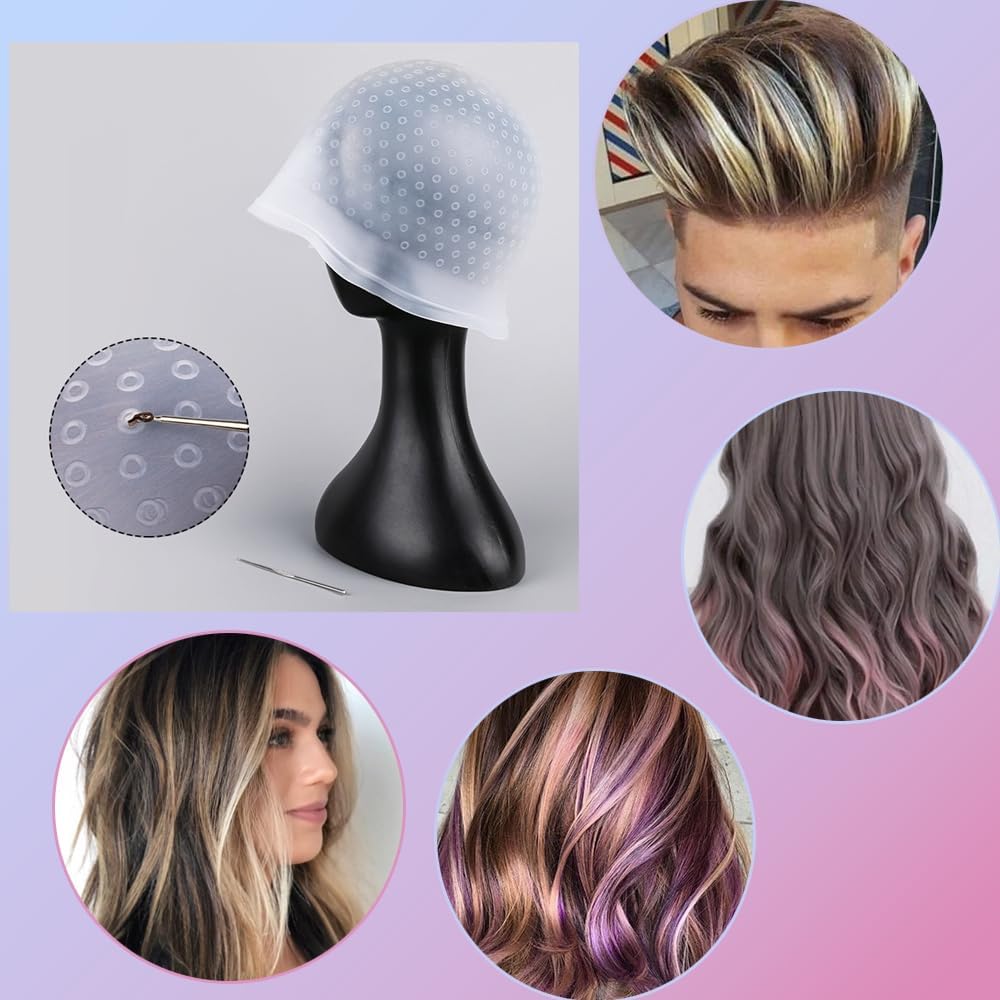 Hair Highlighting Kit,Pre-Drilled Silicone Highlighting Cap Set with Holes - Complete Hair Coloring Kit Including Hair Hooks 3 Coloring Brushes and 1 Glove for Easy Highlights at Home