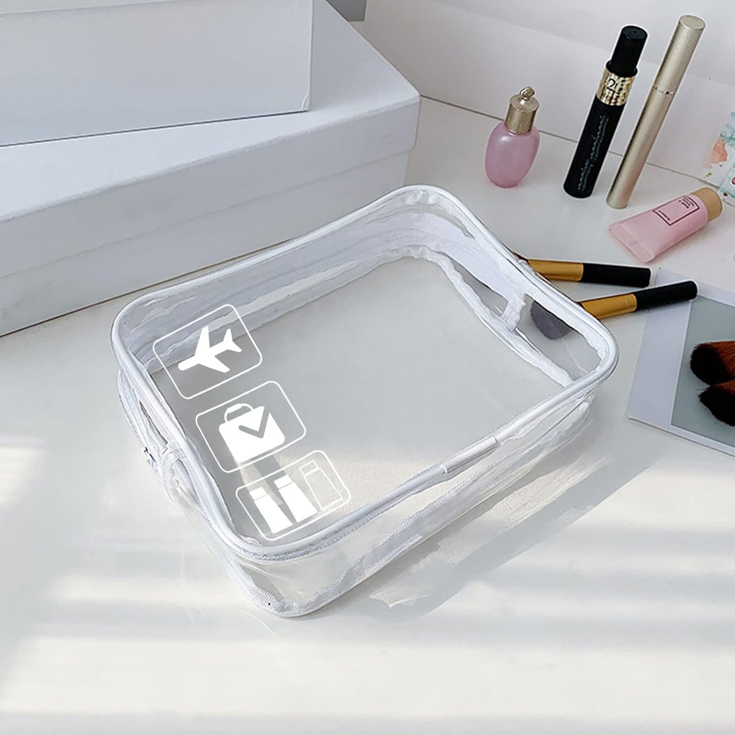 Clear Travel Toiletry Bag TSA Approved Quart Size Travel Bag Airport Security Carry On Liquid Bag Cosmetic Pouch Shower Bag Transparent Toiletries Bags (White