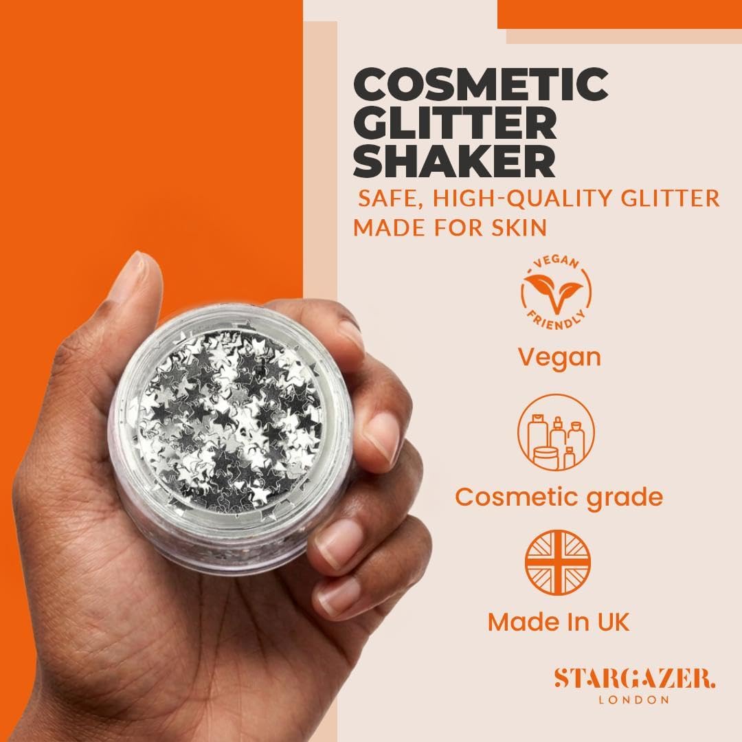 Stargazer Silver Star Face &amp; Body Glitter - Makeup Stars for Face, Body &amp; Festival Looks - Party &amp; Costume Makeup - Cruelty-Free