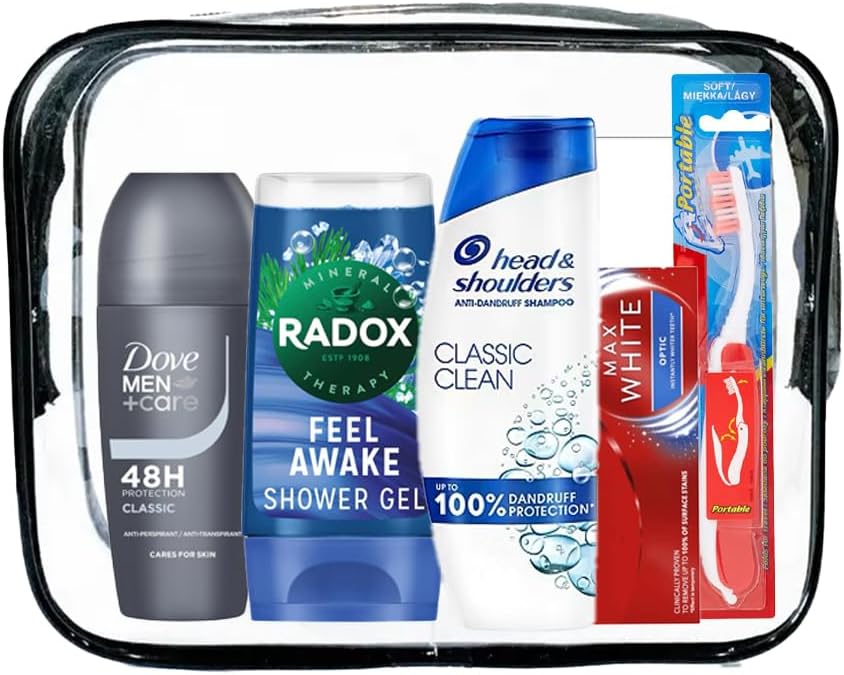 Men's Travelling Toiletries Set - Travel Size Essentials, Mini Holiday Bag, Perfect for Overnight Stays, Hospital's, Camping, Holidays, Airport Security Approved, Clear Travel Bag