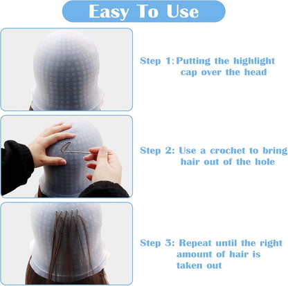 Punched Hole Silicone Highlight Hair Cap with Hair Coloring Brushes and Needle,Highlighting Frosting Cap,Highlight Cap,Professional Salon Silicone Hairdressing Tools for Women Men