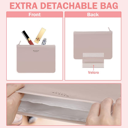 Travel Makeup Bag [with Brushes Holder &amp; Detachable Pouch] Cosmetic Bag Large Capacity Waterproof Makeup Case Storage Organiser for Women &amp; Girls (Pink)