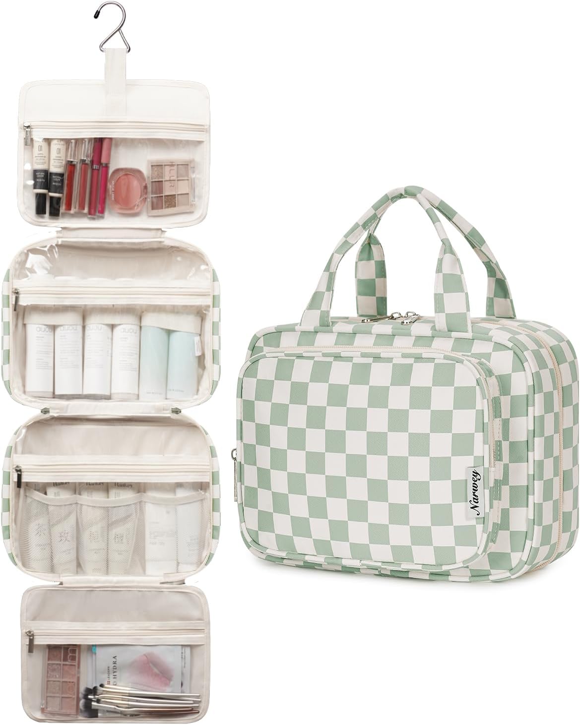 Narwey Large Checkered Hanging Travel Toiletry Bag for Women Wash Bag Cosmetics Makeup Bag Organizer for Full Size Accessories (Checkerboard Mint Green (Large))