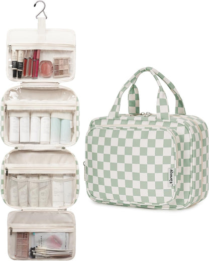 Narwey Large Checkered Hanging Travel Toiletry Bag for Women Wash Bag Cosmetics Makeup Bag Organizer for Full Size Accessories (Checkerboard Mint Green (Large))