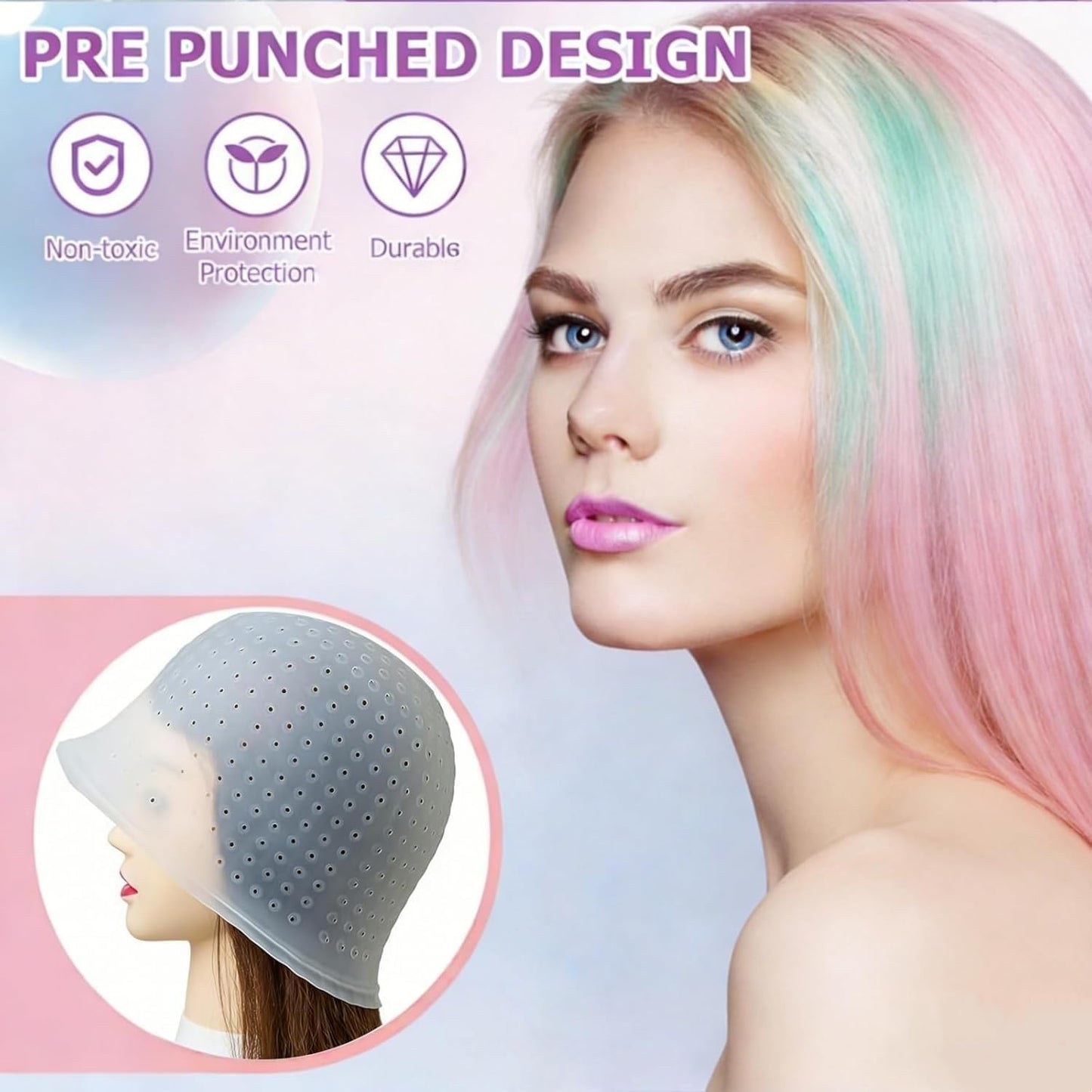 Silicone Highlighting Cap with Pre-Punched Holes, Reusable Professional Unisex Hair Streaking Cap with Hair Picking Hook for Hair Coloring Dyeing Staining, Salon and Home Use (White, 1 Pcs)