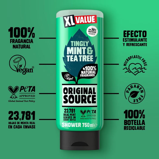 Original Source Mint &amp; Tea Tree Shower Gel, 100 Percent Natural Fragrance, Vegan, Cruelty Free, Paraben Free, Large Bottle, 750 ml
