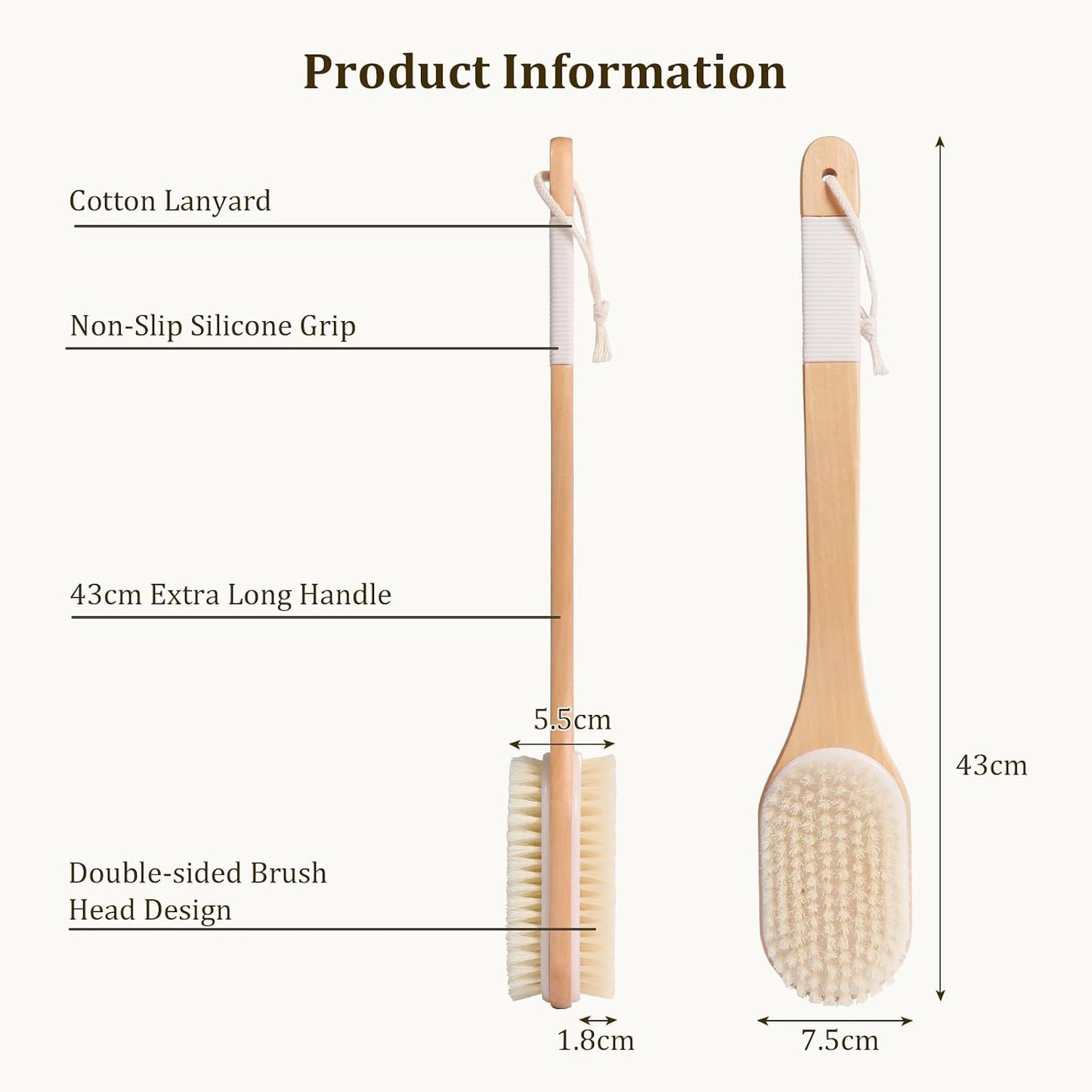 Back Scrubber with Long Handle 43CM - Double Sided Body Brush for Use in Shower &amp; Dry Brushing, Exfoliating with Soft &amp; Firm Bristles for Shower, Back, Feet Men &amp; Women, Seniors