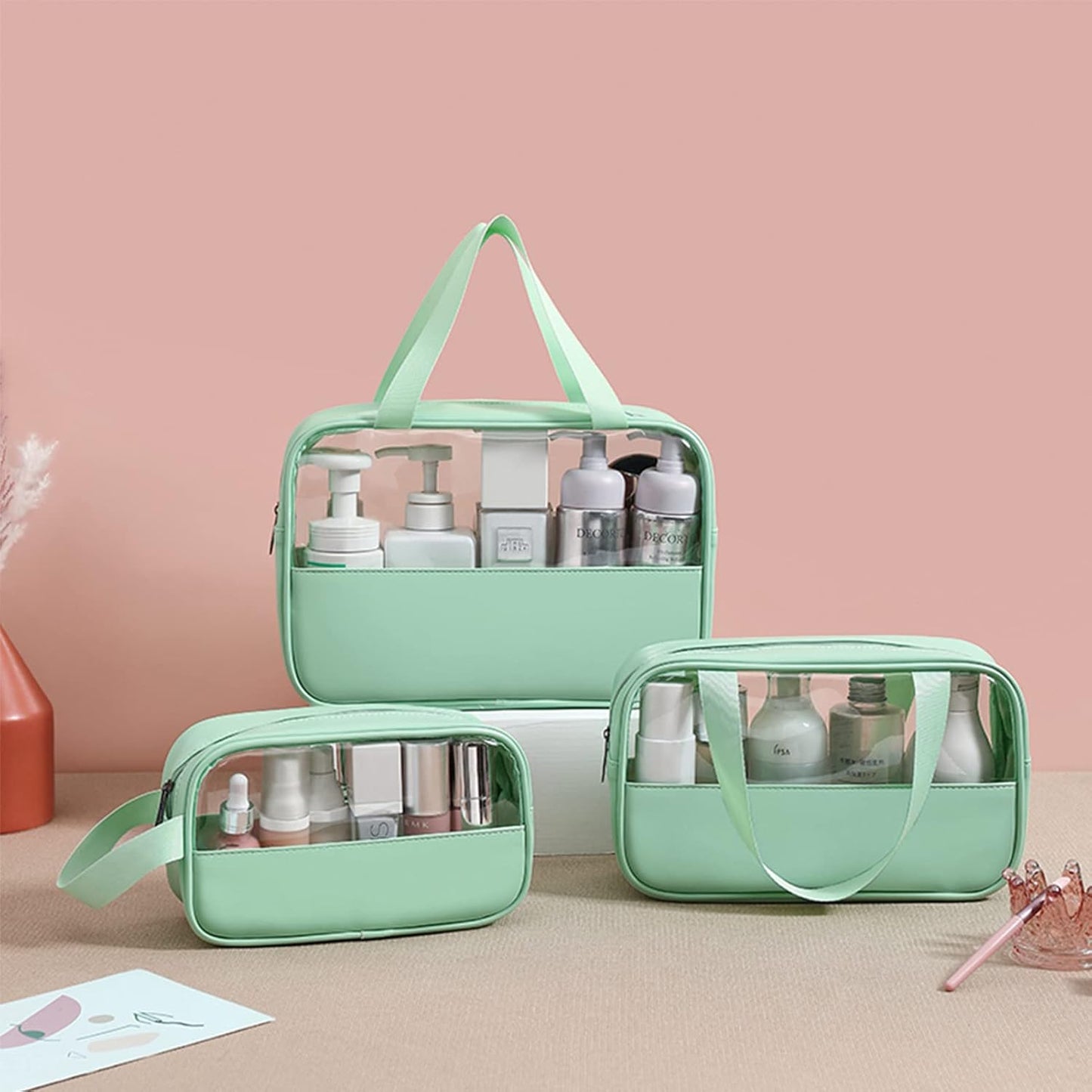 Clear Toiletry Bag 3 pcs, Waterproof Wash Bags Set in PVC, Large Capacity Makeup Bag with Handle, Travel Cosmetic Bag for Men and Women (Green)