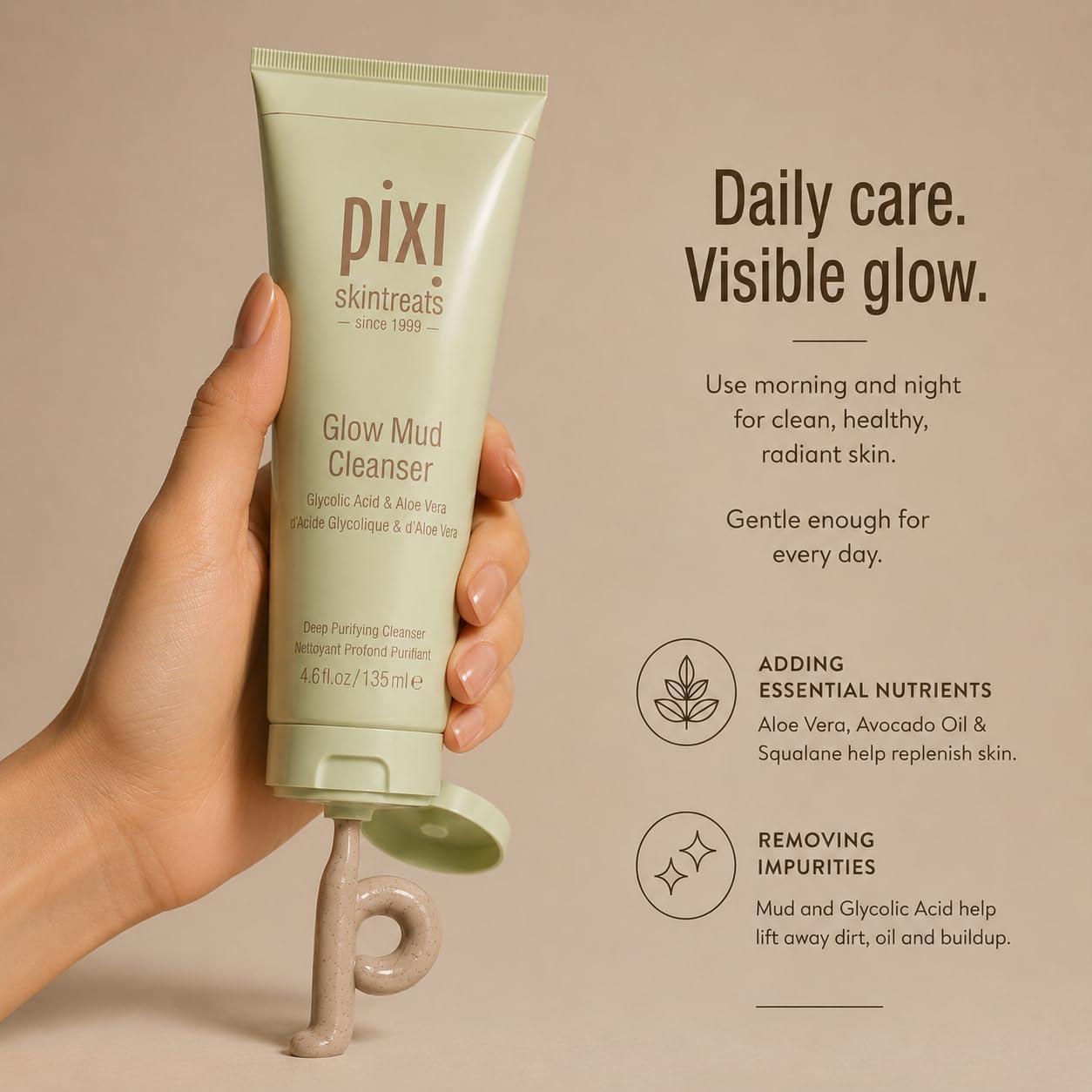 Pixi Beauty Glow Mud Cleanser | Purifying Daily Cleanser with 5% Glycolic Acid | Gently Exfoliates &amp; Purifies Without Stripping | Deep Pore Cleanse &amp; Brighten | 4.57 fl. oz / 135 ml