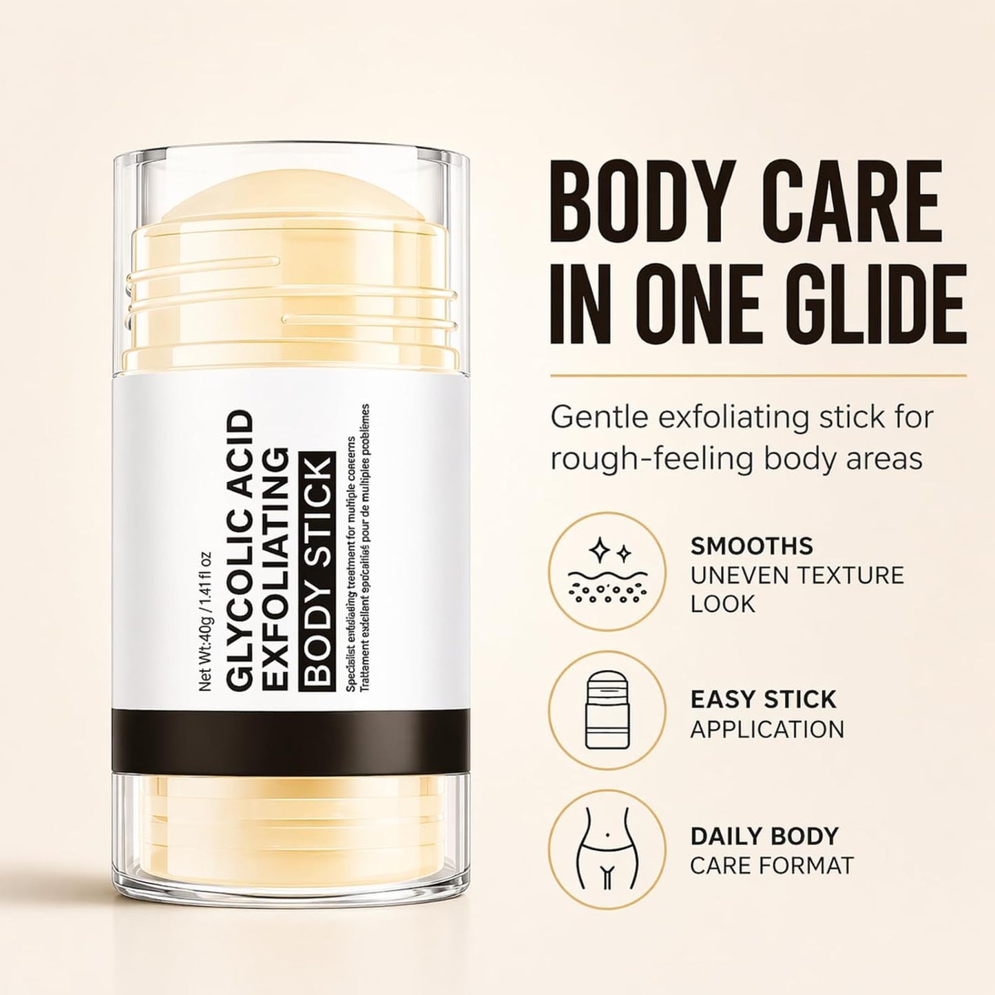Glycolic Acid Exfoliating Body Stick, Glycolic Acid Stick, Body Exfoliator - Shea Butter Body Care Balm for Rough, Dry, Uneven Texture - Lightweight Non-Greasy Care for Underarms,Elbows, Knees 40g