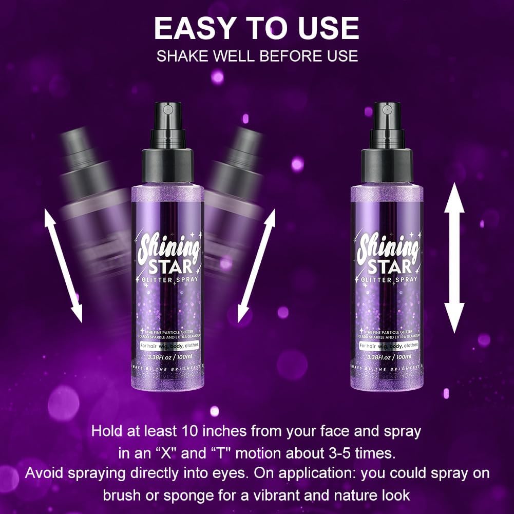 LOPHE Glitter Spray, Body Face Hair Glitter for Women, Sparkle Shimmer Shiny Powder, Holographic Spray, Quick Dry Hairspray for Makeup Festival Carnival, Purple