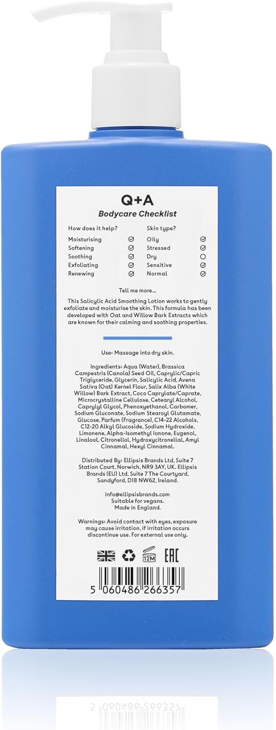 Q+A Salicylic Acid Smoothing Body Lotion (250ml), Body Moisturiser with Watermelon &amp; Agave Scent, Body Butter Alternative, Smooths Rough Bumpy Skin, Clears Blemishes &amp; Uneven Texture