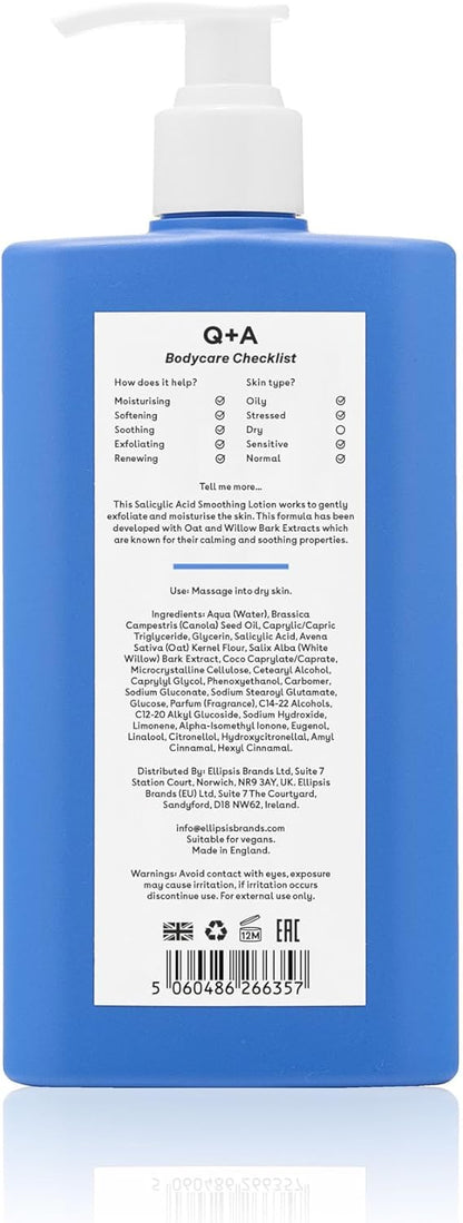 Q+A Salicylic Acid Smoothing Body Lotion (250ml), Body Moisturiser with Watermelon &amp; Agave Scent, Body Butter Alternative, Smooths Rough Bumpy Skin, Clears Blemishes &amp; Uneven Texture