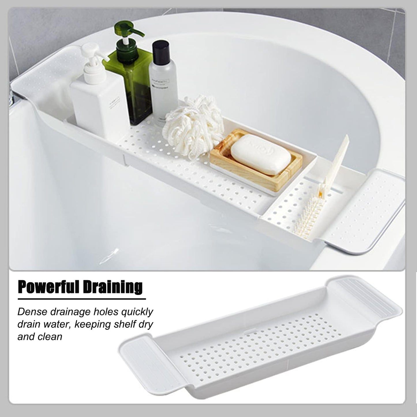 Expandable Drain Bath Shelf Caddy Tray, Multifunctional Plastic Bathtub Tray Bathroom Organizer Simple Stylish Bathtub Storage Rack for Candle Towel, Book, Wine, Phone, Shower (White)