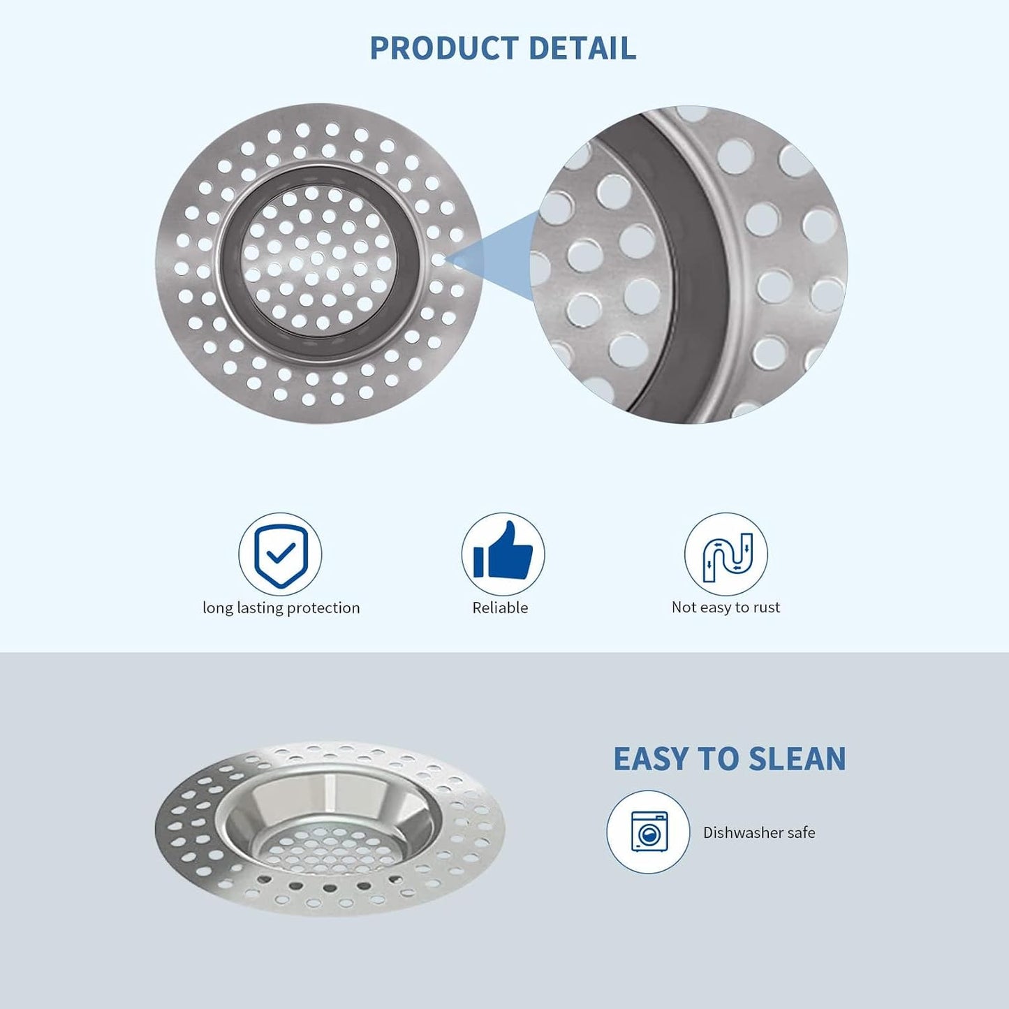 2 PCS Stainless Steel Kitchen Sink Strainer Plug, Sink Sieve Shower Drain Cover Plug Hole Sink Tub Strainer, 77mm Standard Strainer Drain Protector Hair/Food Catcher for Bathroom,Kitchen,Shower