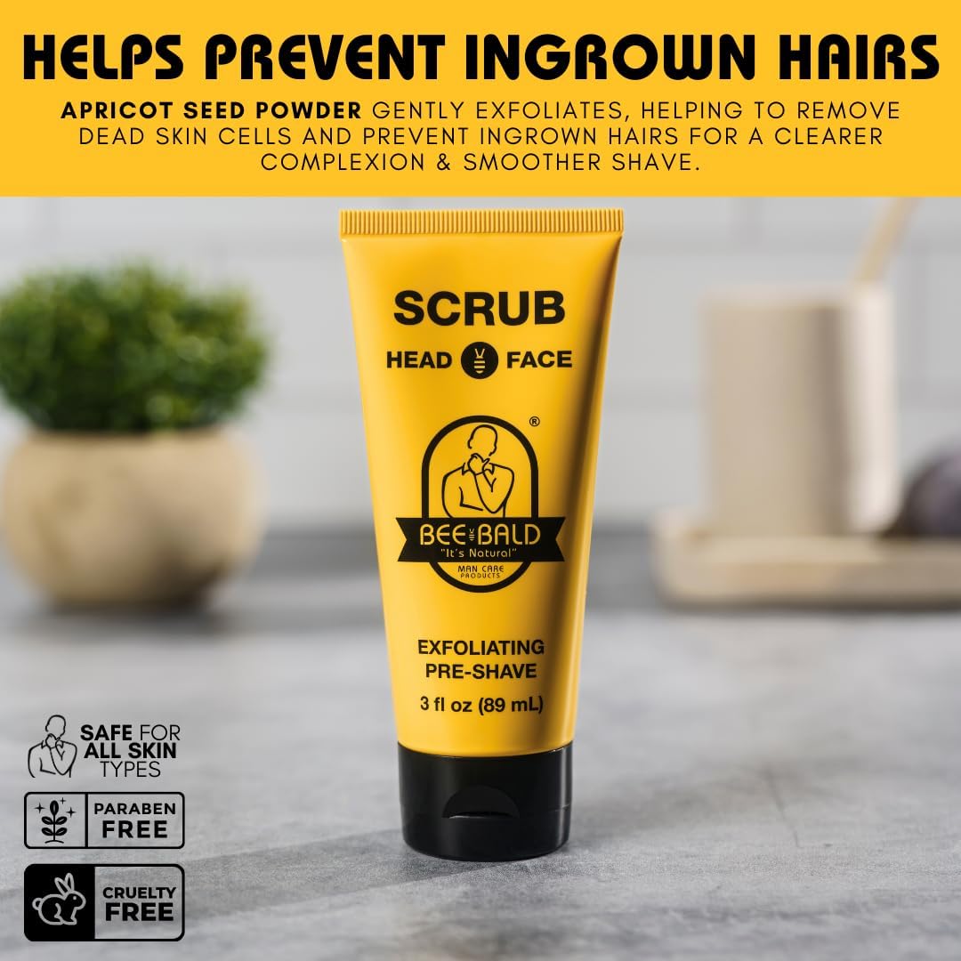 Bee Bald SCRUB Exfoliating Pre-Shave deep cleans and removes pore clogging dirt, oil and dry, flaky skin, preparing it for a ‘super close shave’ and leaving it ‘smoother than a baby's behind’