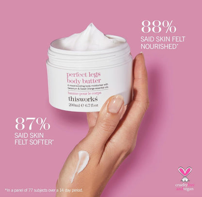 This Works Perfect Legs Body Butter, 200 ml - Body Lotion with Mood-Boosting Geranium and Orange Essential Oils - Nourishing Body Moisturiser with Shea Butter and Hyaluronic Acid for a Hydrating Glow