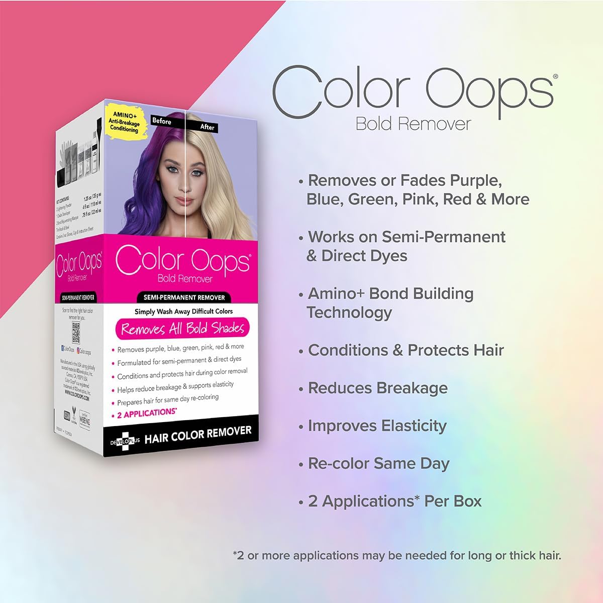Color Oops Bold Remover, 2 Applications, Hair Dye Remover Safely Removes Direct Dyes and Semi Permanent Hair Color, Recolor The Same Day, Vegan &amp; Cruelty Free