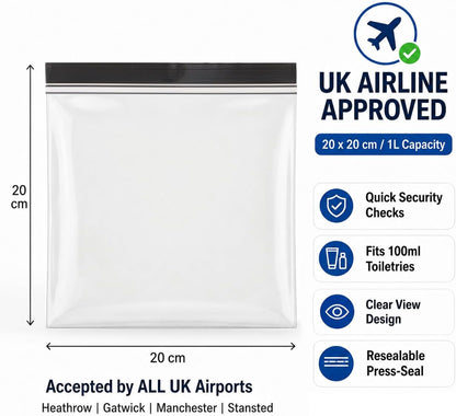 Airport Security Liquids Bags, Pack of 6 Airport Liquid Bag 20 x 20cm, Black