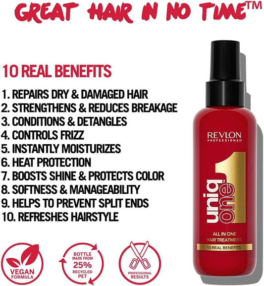 REVLON PROFESSIONAL Uniqone Hair Treatment, Moisturizing Leave-in Hair Treatment, Repair for Damaged Hair, Hair Treatment, Classic Fragrance – 150 ml