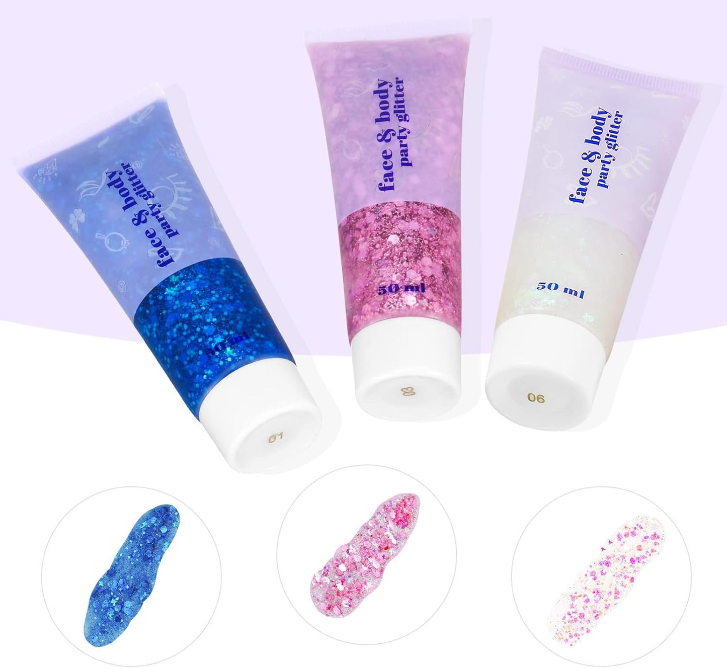 3Pcs Body Glitter Gel Kit, 50ml Mermaid Sequins Chunky Glitter Liquid Gel for Face, Body, Eye, Hair, Nail DIY Art Festival Party Makeup Decoration