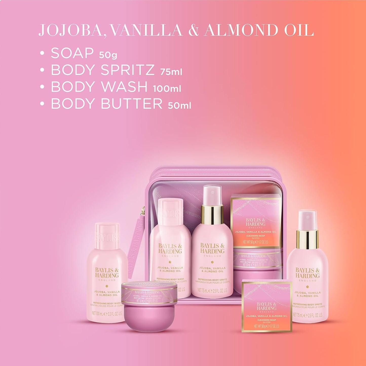 Baylis &amp; Harding Jojoba, Vanilla &amp; Almond Oil Luxury Travel Wash Bag Gift Set - Vegan Friendly