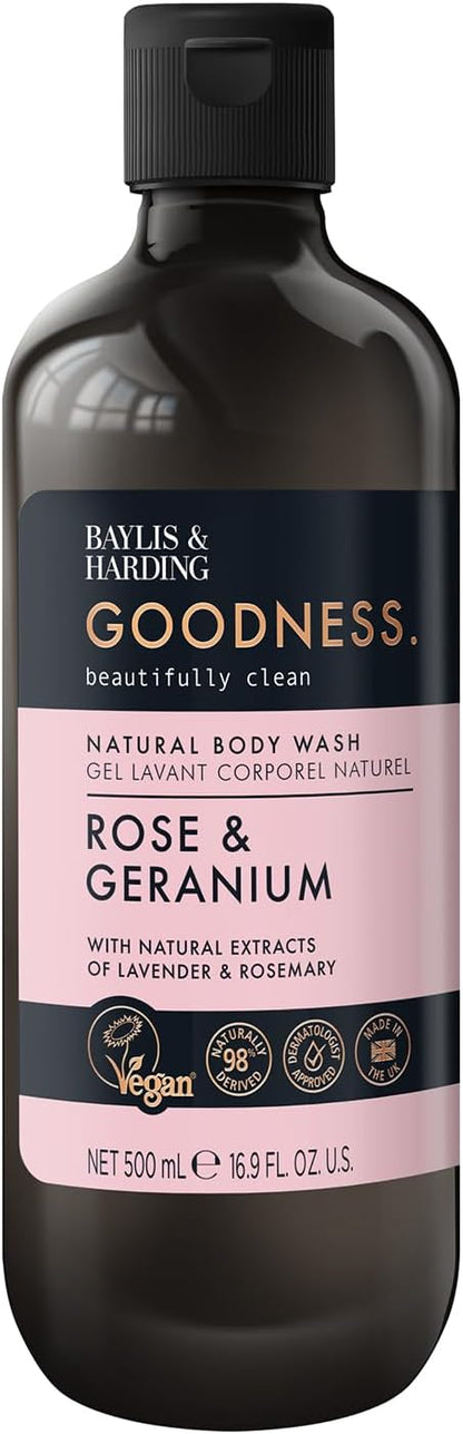 Baylis &amp; Harding Goodness Rose &amp; Geranium Natural Body Wash, 500 ml (Pack of 3) - Vegan Friendly