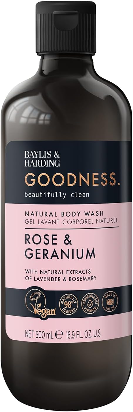 Baylis &amp; Harding Goodness Rose &amp; Geranium Natural Body Wash, 500 ml (Pack of 3) - Vegan Friendly