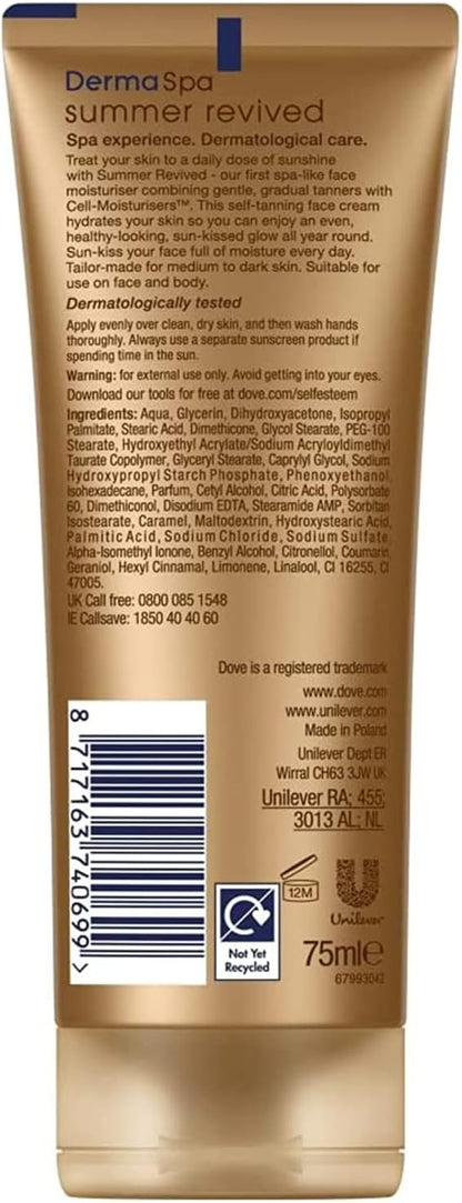 Dove Unilever DermaSpa Body Lotion Summer Revived Self-Tanning Medium to Dark, 200ml with Dove Derma Spa Face Cream Summer Revived Medium to Dark, 75ml, 2 Piece Set
