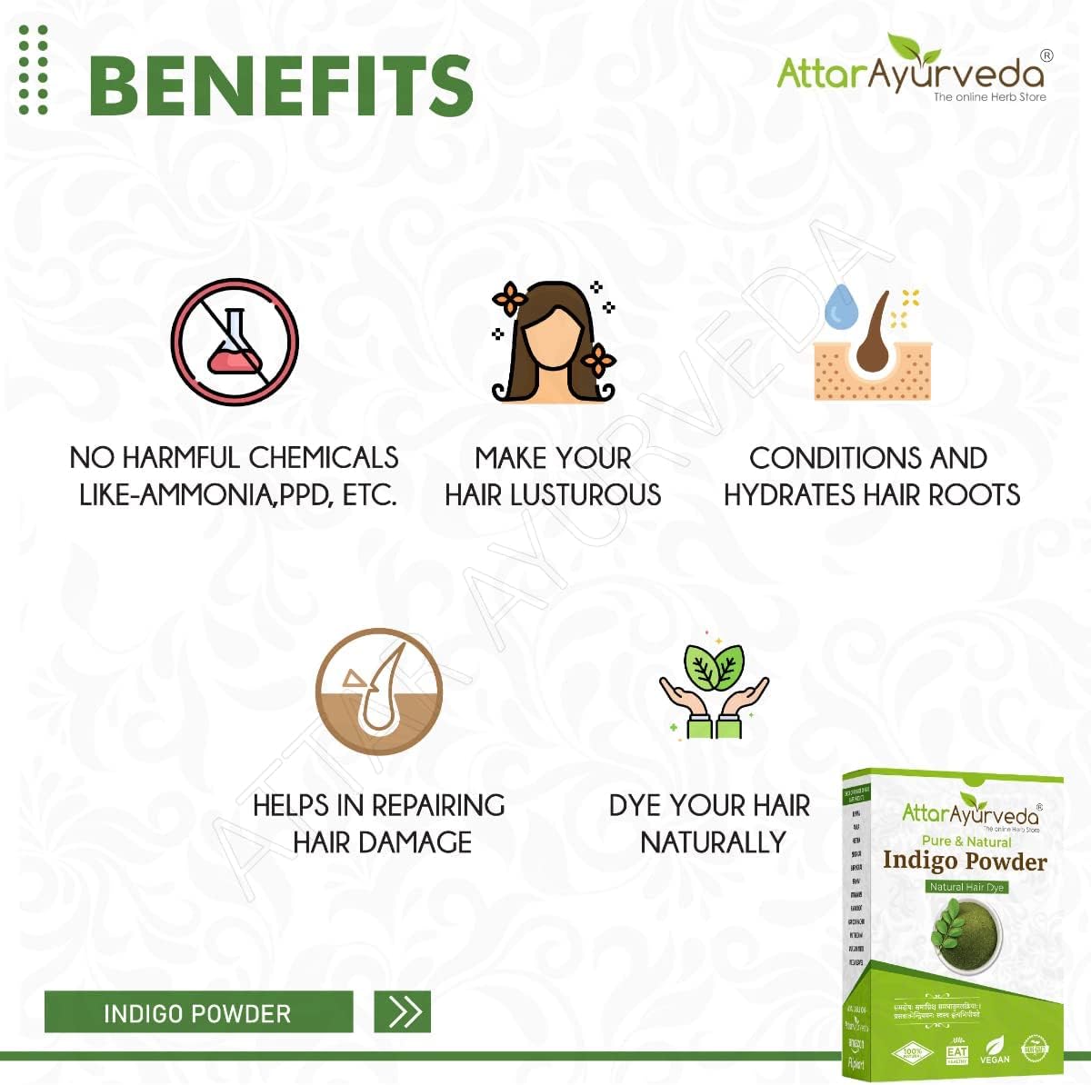 Attar Ayurveda Natural Indigo Powder 200g, 100% Pure Hair Dye, Chemical-Free Herbal Colour for Black &amp; Dark Brown Hair, Ammonia-Free, PPD-Free, Vegan Organic Hair Colouring Powder