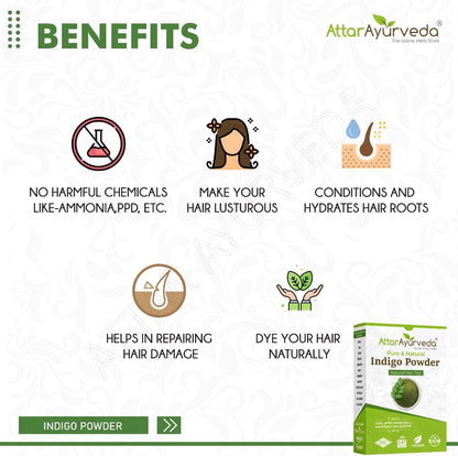 Attar Ayurveda Natural Indigo Powder 200g, 100% Pure Hair Dye, Chemical-Free Herbal Colour for Black &amp; Dark Brown Hair, Ammonia-Free, PPD-Free, Vegan Organic Hair Colouring Powder