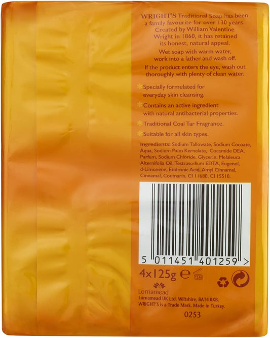 Wright's Coal Tar Soap, for everyday skin cleansing, suitable for all skin types. 4 x 100g bars