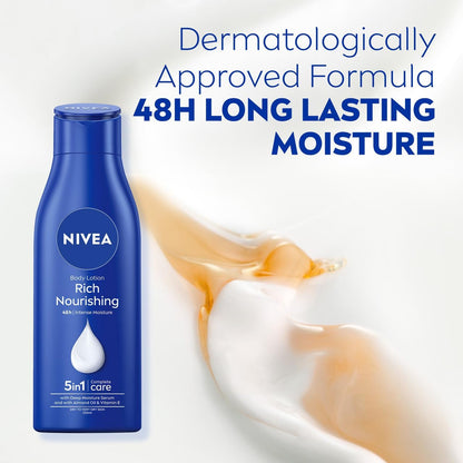 NIVEA Rich Nourishing Body Lotion (250ml), Rich 72H Hydration Moisturiser for Dry Skin Made with Deep Moisture Serum and Almond Oil, Intensive Hydration Body Lotion