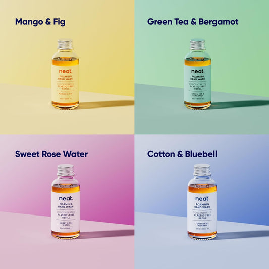 Neat Foaming Hand Wash Refills 6x30ml (2x Green Tea &amp; Bergamot, 2x Mango &amp; Fig, 1x Sweet Rose Water, 1x Cotton &amp; Bluebell) - Dermatologically Approved Hand Soap - Suitable for Sensitive Skin