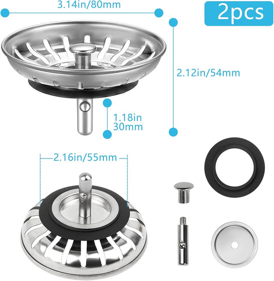 2 Pack Kitchen Sink Strainer, Stainless Steel Sink Plug Replacement, Sink Drain Stopper 3.15 Inch, Hole Diameter 80mm