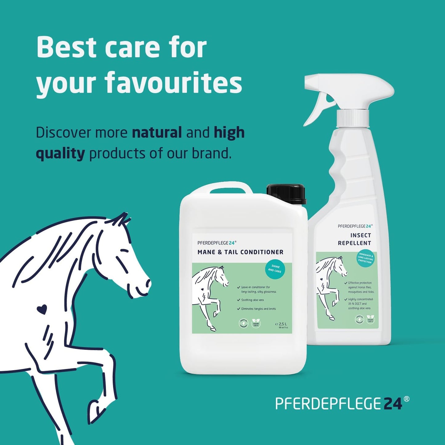 PFERDEPFLEGE24 Mane and Tail Detangler Spray for Horses - Brilliant Shine, Untangles &amp; Conditions Hair - Non-Sticky &amp; Long-Lasting Mane and Tail Spray - Dirt Repellent Horse Grooming - 2500ml