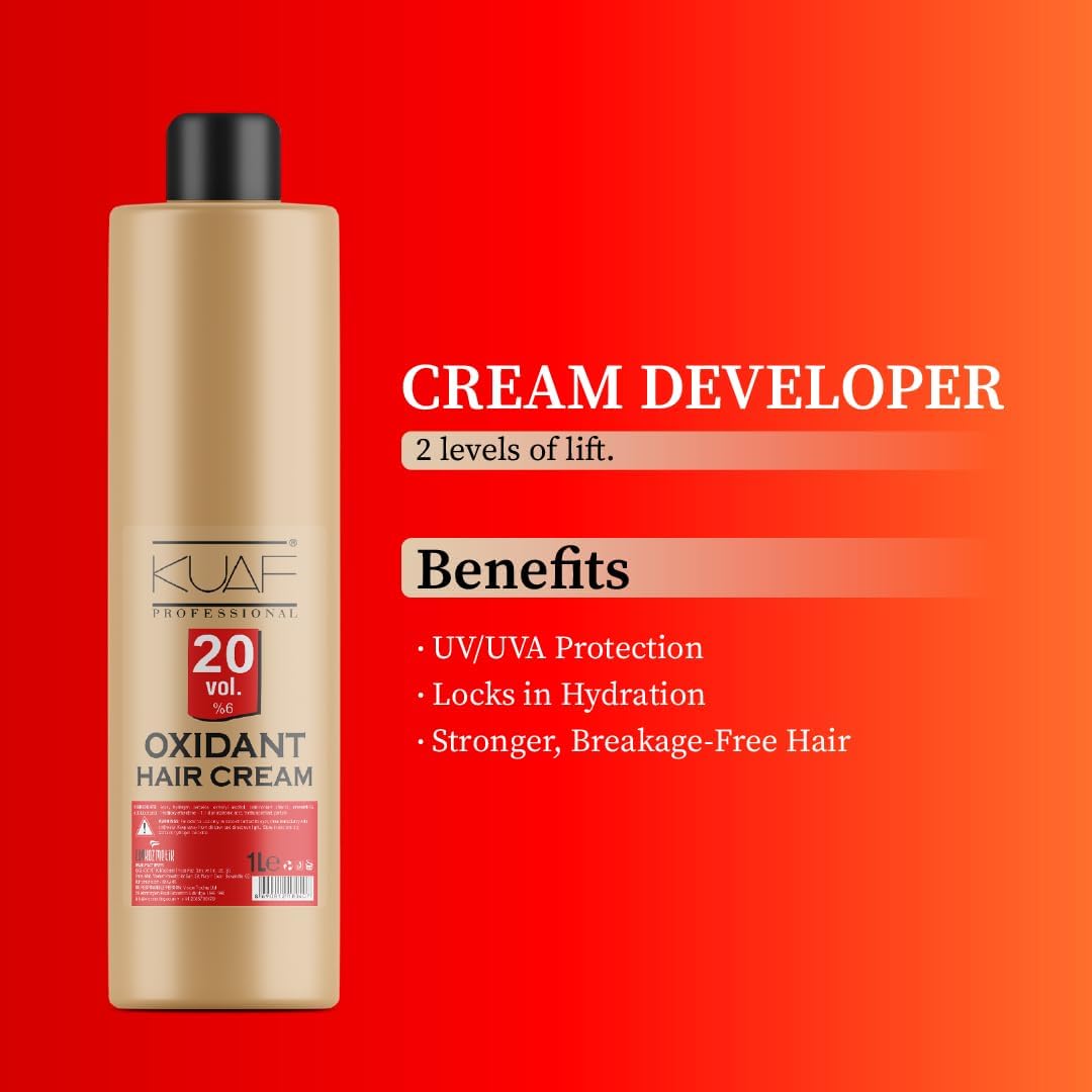 KUAF Professional Cream Hair Developer Activator Peroxide for Hair Colouring Long Lasting Colour and Full Grey Coverage 6% 20 Volume 1000ml
