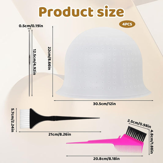4-Piece Highlight Cap and Hook Kit, Highlight Cap for Salon and Home Use, Complete Streaking Cap Set with Multiple Tools, Suitable for DIY Hair Coloring and Scalp Protection