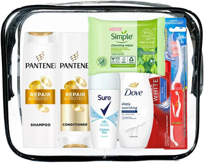 Womens Mini Travel Toiletries Set - Essentials for Hospital, Materinty, Camping, Holiday &amp; Vacation, Travel Size Toiletries Under 100ml, Clear Travel Bag, Mini Toiletries, Airport Security Approved