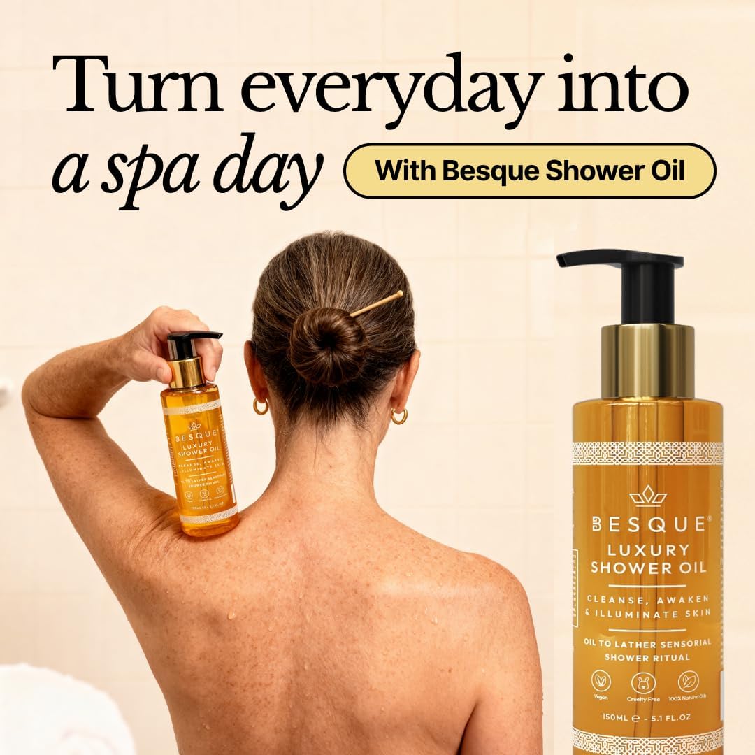 Besque Luxury Shower Oil, Hydrating Body Wash for Women with Sweet Almond, Rosehip &amp; Evening Primrose &amp; Vitamin E, Gentle Cleanser for Sensitive, Dry &amp; Aging Skin, 150 ml - Pack of 1