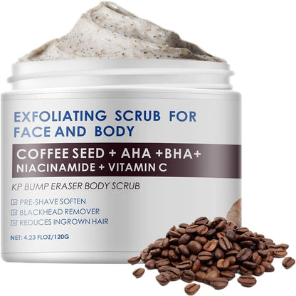 KP Bump Eraser Body Scrub, Coffee Scrub with AHA BHA, Exfoliating Body Scrub for Bikini Area, Body Exfoliator Exfoliant for Chicken Skin Strawberry Leg Scrub