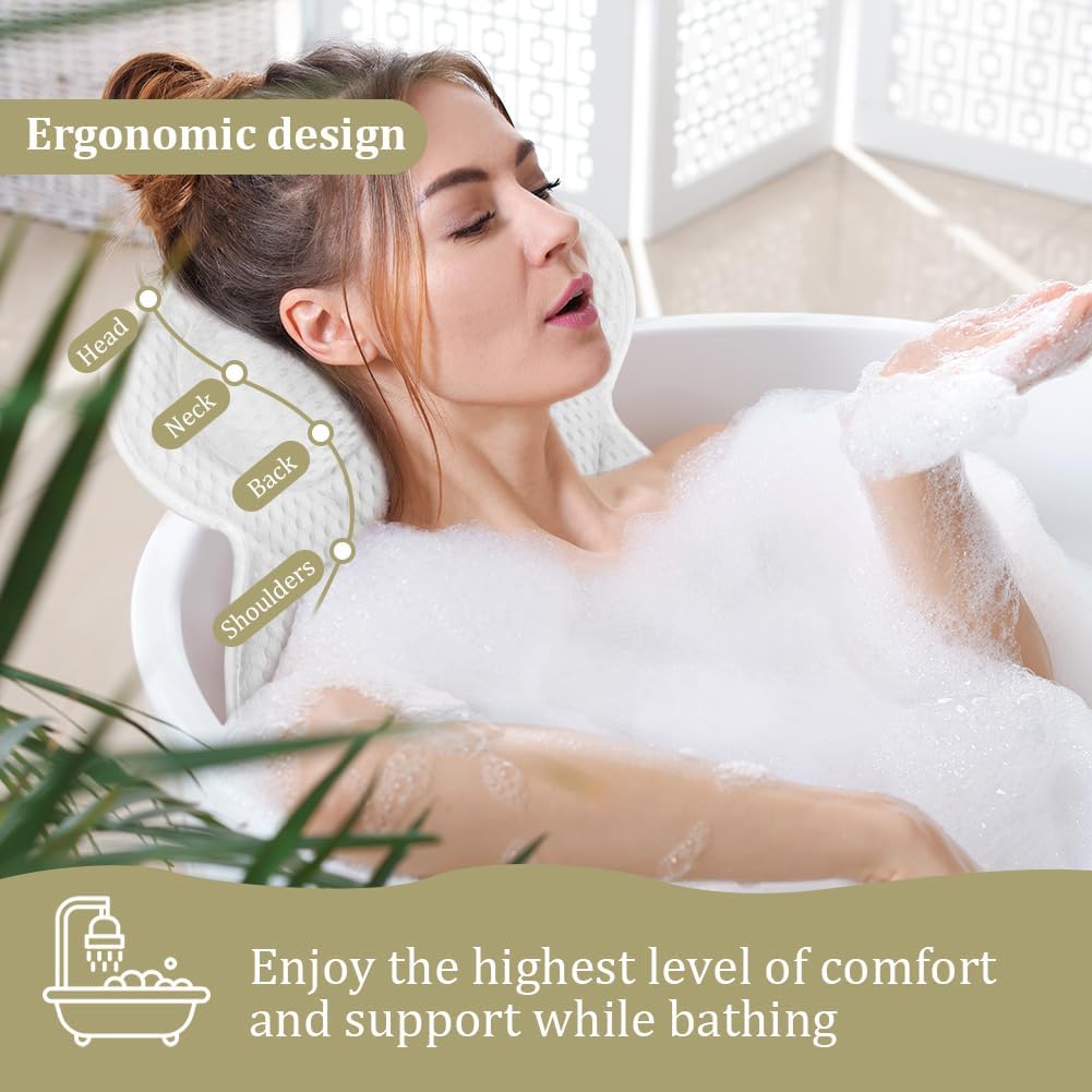 Bath Pillow, 4D Luxury Bath Bathtub Pillow &amp; Bath Ball Set, Ergonomic Mesh SPA Tub Pillow, with Non-Slip Suction Cups Ergonomic Home Spa Headrest for Relax Body Head(Butterfly Style, White)