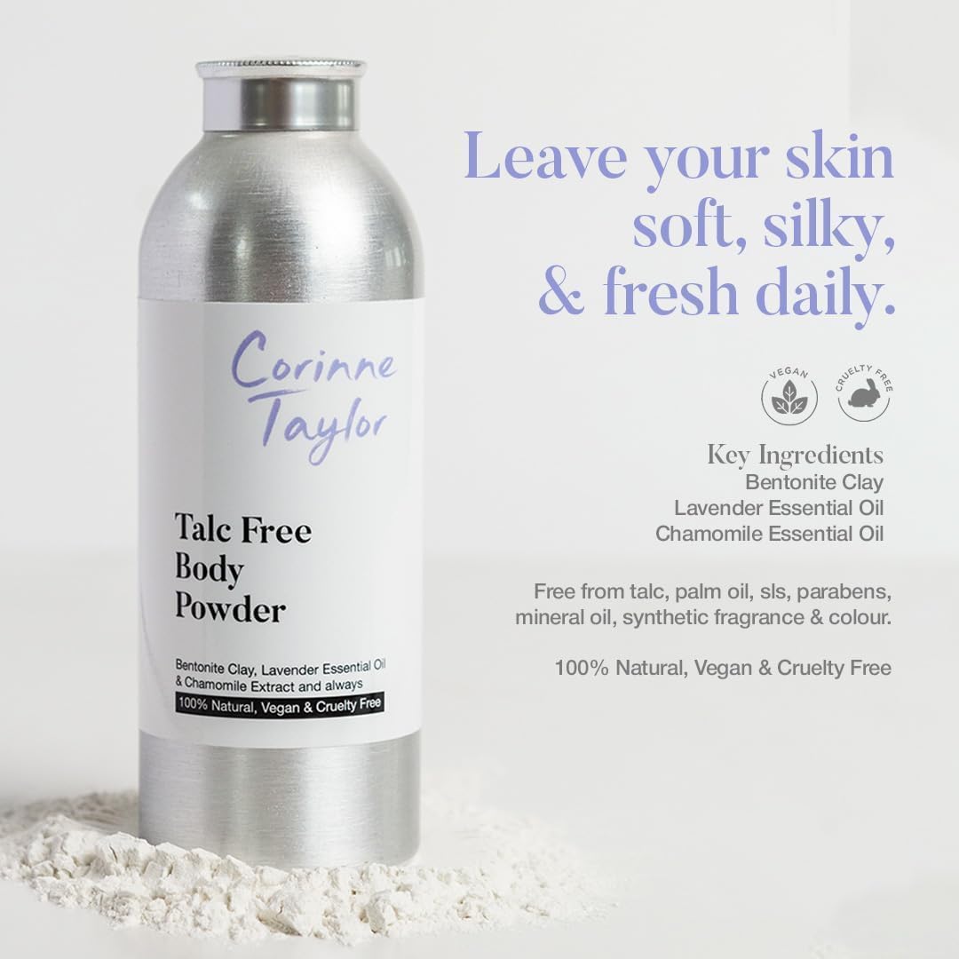 Corinne Taylor Organic Talc-Free Body Powder with Lavender &amp; Chamomile – Natural Dusting Powder for Anti-Sweat, Anti-Chafing &amp; Sensitive Skin – Gentle Absorbent Powder 85g