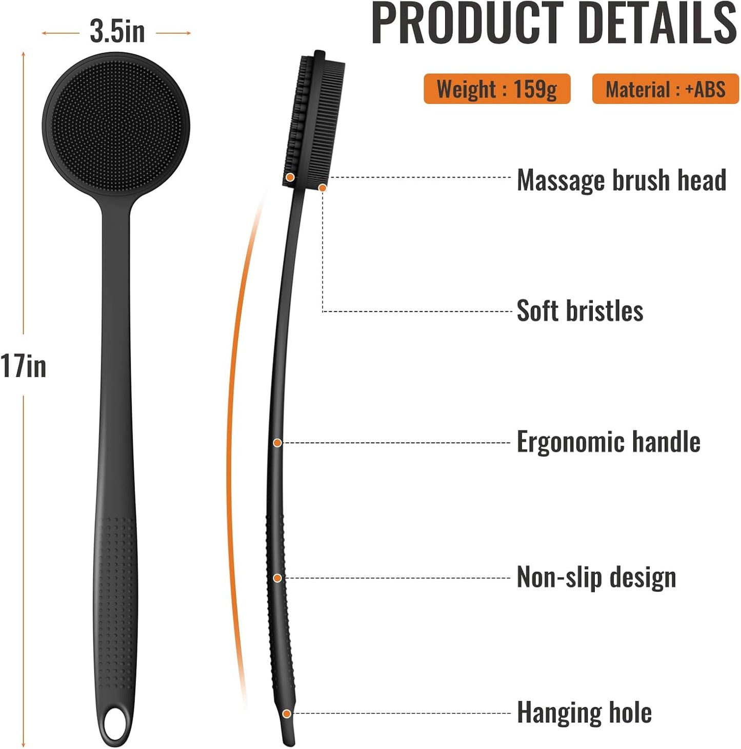 Silicone Back Scrubber, 17In Extended Anti-Slip Handle Body Scrubber Body Brush Back Brush Long Handle for Shower Double Sided Shower Brush Back Washer for Cleansing and Exfoliating, Bath Essentials
