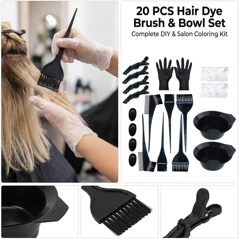 20Pcs Hair Colouring Kit, with Hair Dye Bowl and Brush Kit and Accessories, Reusable Tools for DIY and Salon Use